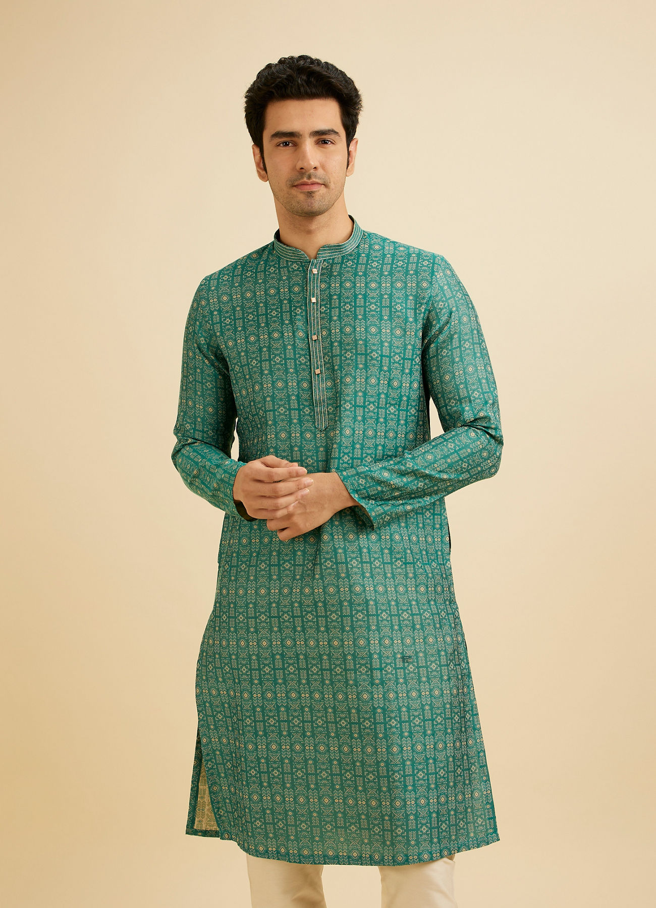 Manyavar Men Teal Green Aztec Printed Kurta Set