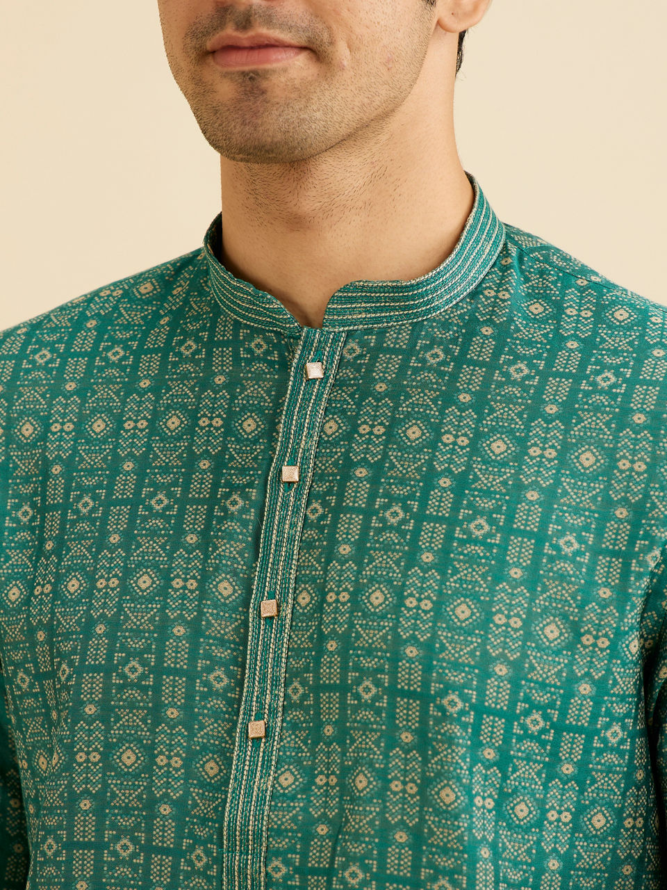 Manyavar Men Teal Green Aztec Printed Kurta Set
