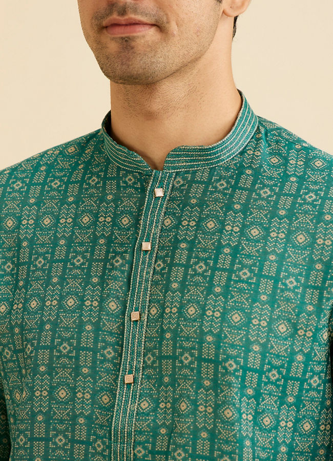 Manyavar Men Teal Green Aztec Printed Kurta Set