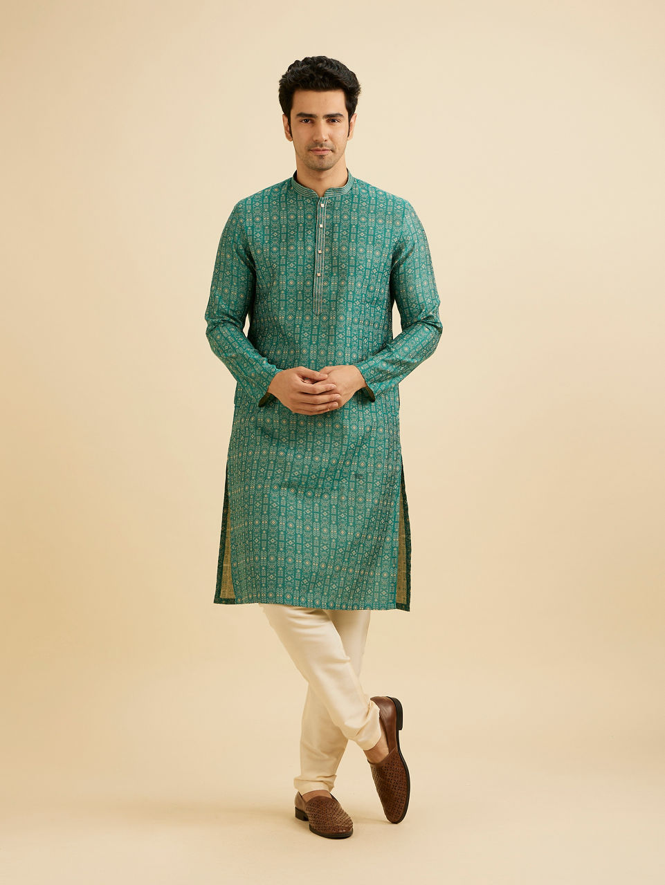 Manyavar Men Teal Green Aztec Printed Kurta Set