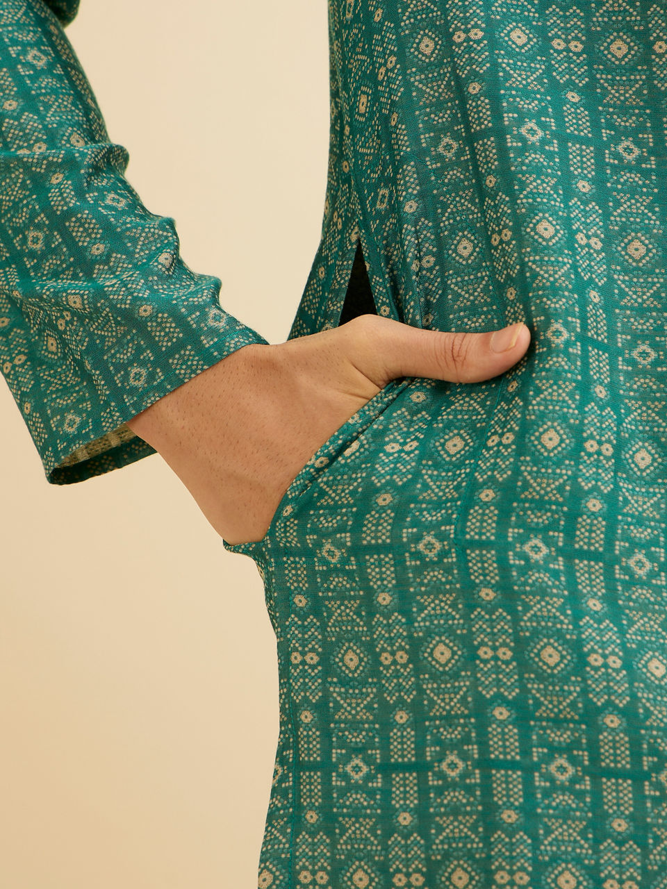 Manyavar Men Teal Green Aztec Printed Kurta Set