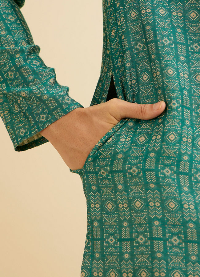 Manyavar Men Teal Green Aztec Printed Kurta Set