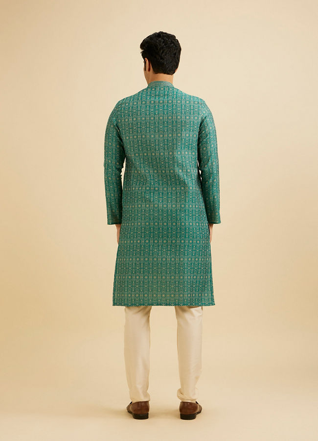 Manyavar Men Teal Green Aztec Printed Kurta Set