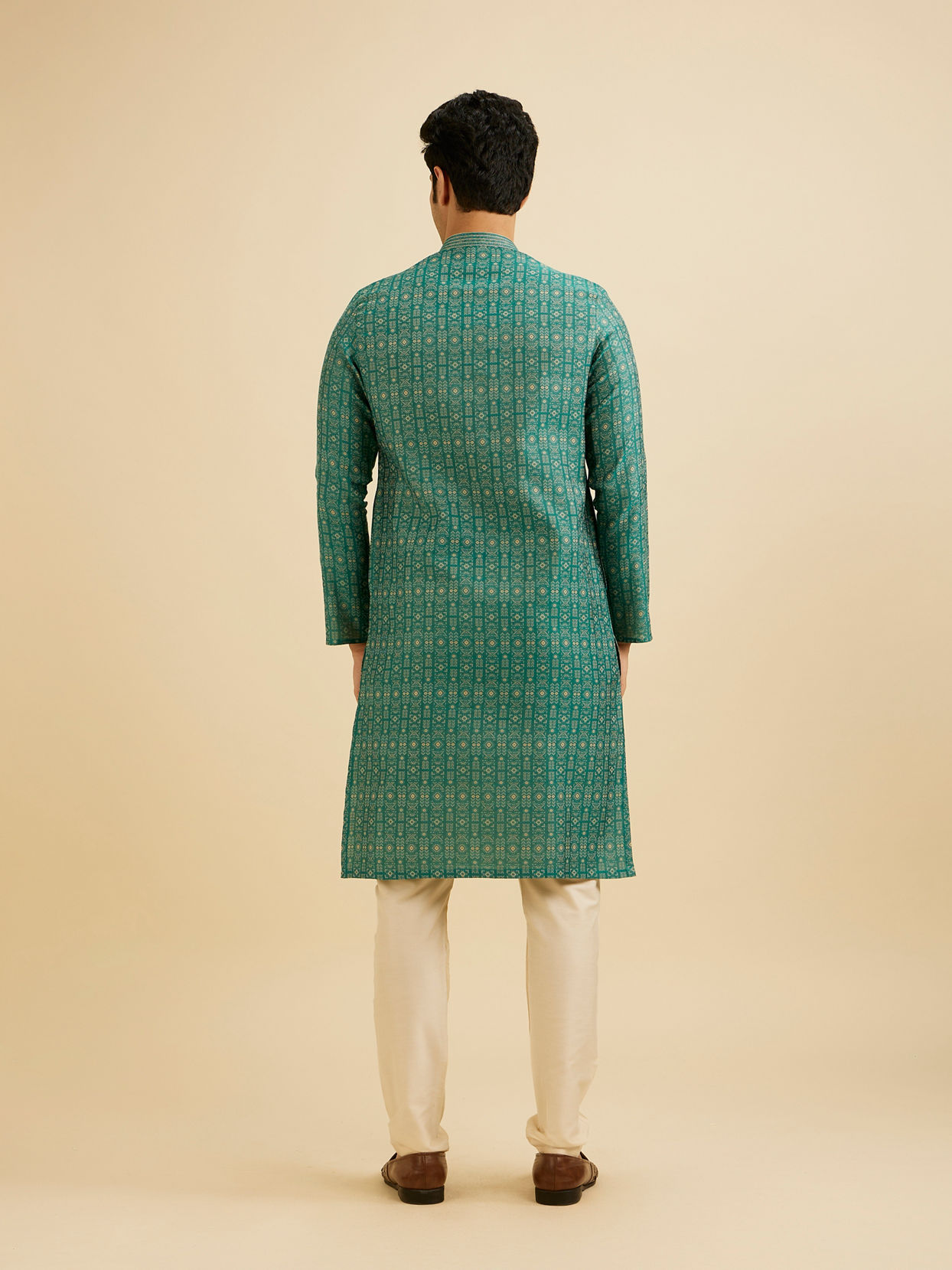 Manyavar Men Teal Green Aztec Printed Kurta Set