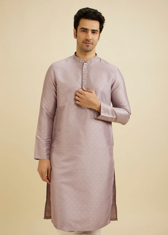 Manyavar Men Soft Lilac Self Patterned Kurta Set with Embroidered Neckline