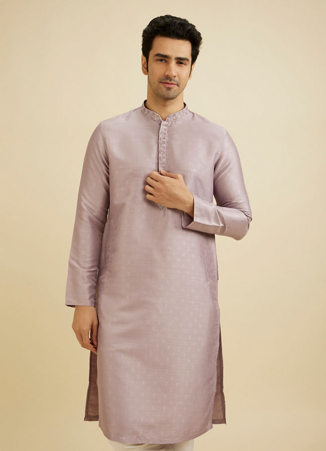Manyavar Men Soft Lilac Self Patterned Kurta Set with Embroidered Neckline