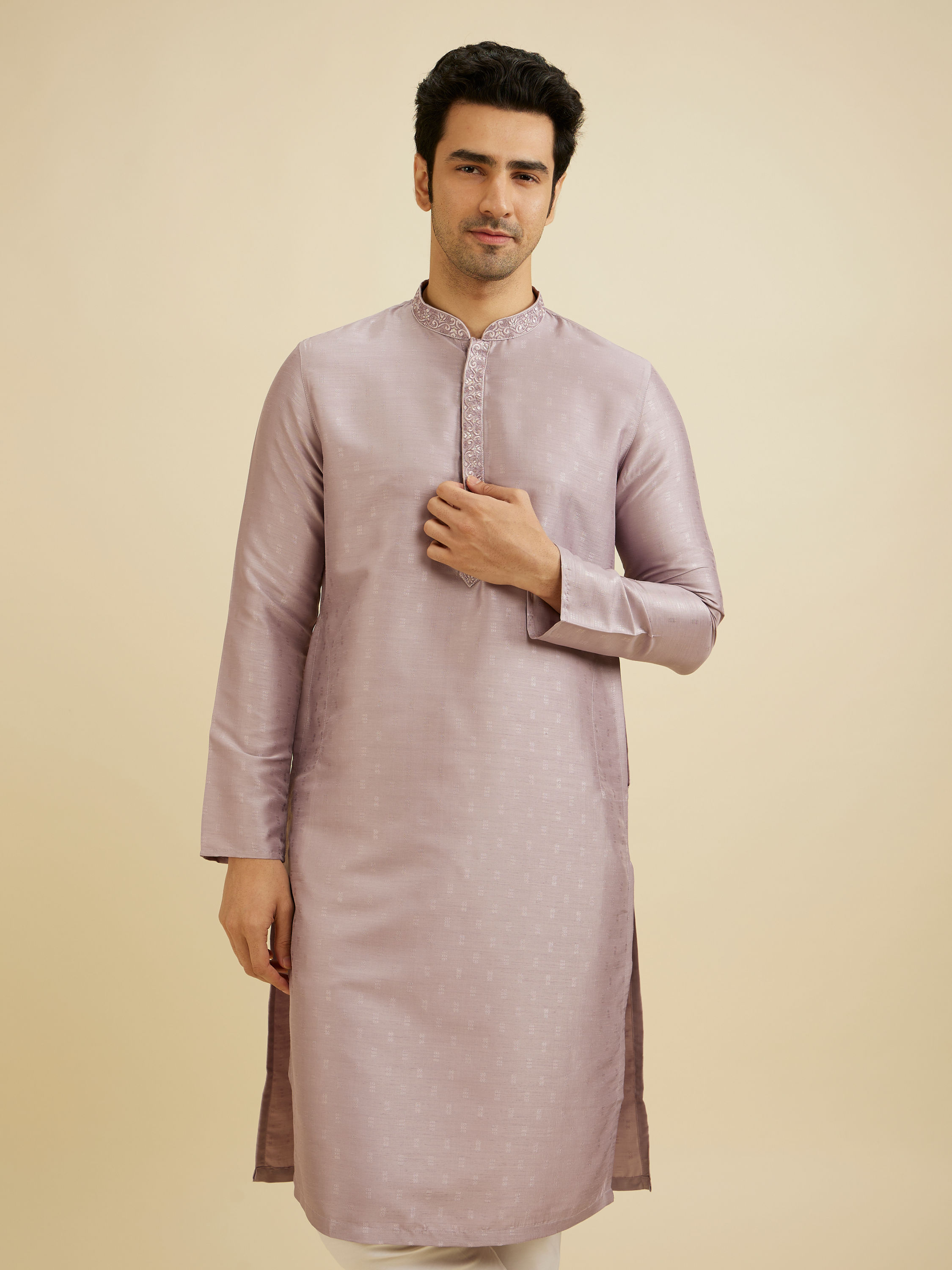 Manyavar Men Soft Lilac Self Patterned Kurta Set with Embroidered Neckline