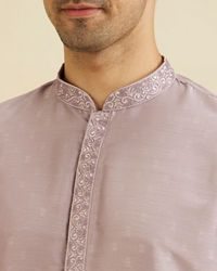 Manyavar Men Soft Lilac Self Patterned Kurta Set with Embroidered Neckline