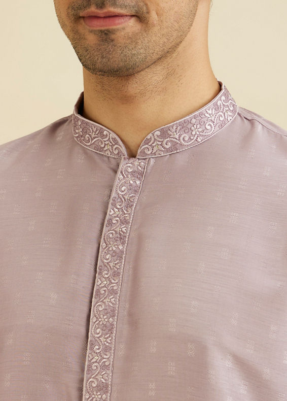 Manyavar Men Soft Lilac Self Patterned Kurta Set with Embroidered Neckline