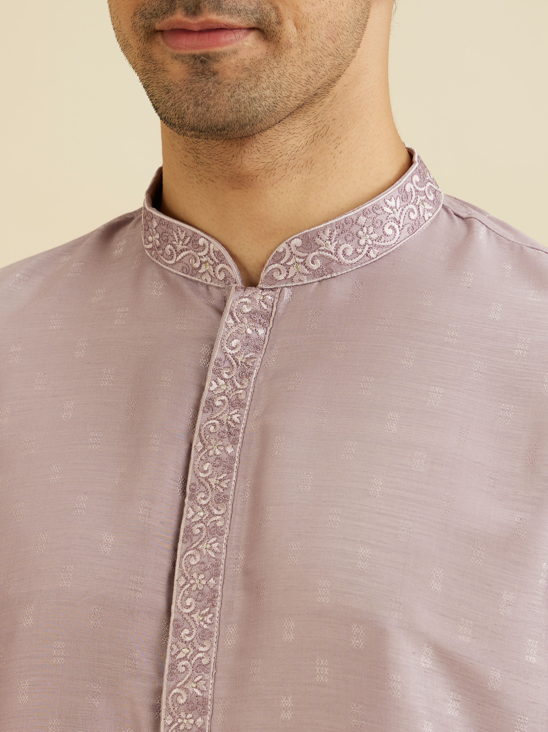 Manyavar Men Soft Lilac Self Patterned Kurta Set with Embroidered Neckline