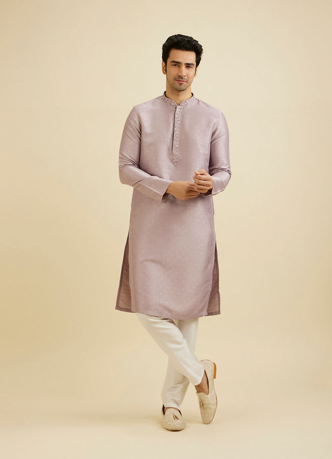 Manyavar Men Soft Lilac Self Patterned Kurta Set with Embroidered Neckline