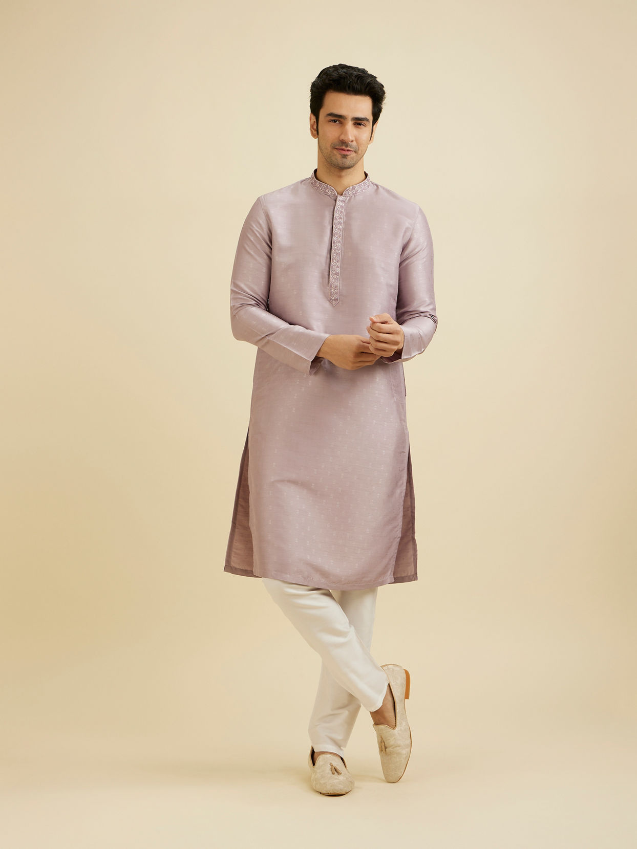 Manyavar Men Soft Lilac Self Patterned Kurta Set with Embroidered Neckline