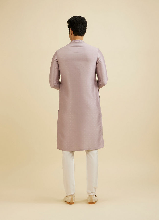 Manyavar Men Soft Lilac Self Patterned Kurta Set with Embroidered Neckline