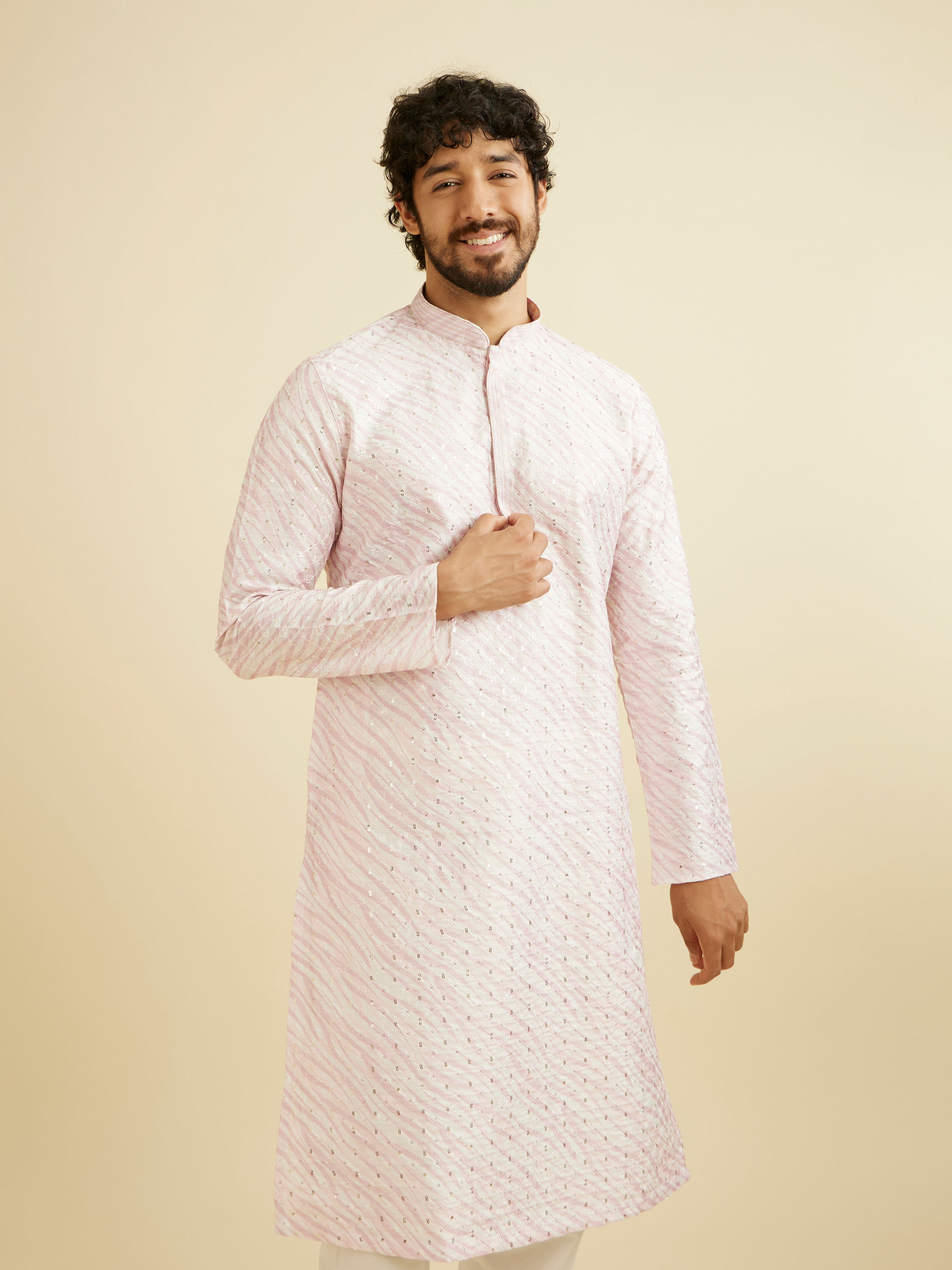 Manyavar Men Baby Pink Wave Print Kurta Set with Sequin Work
