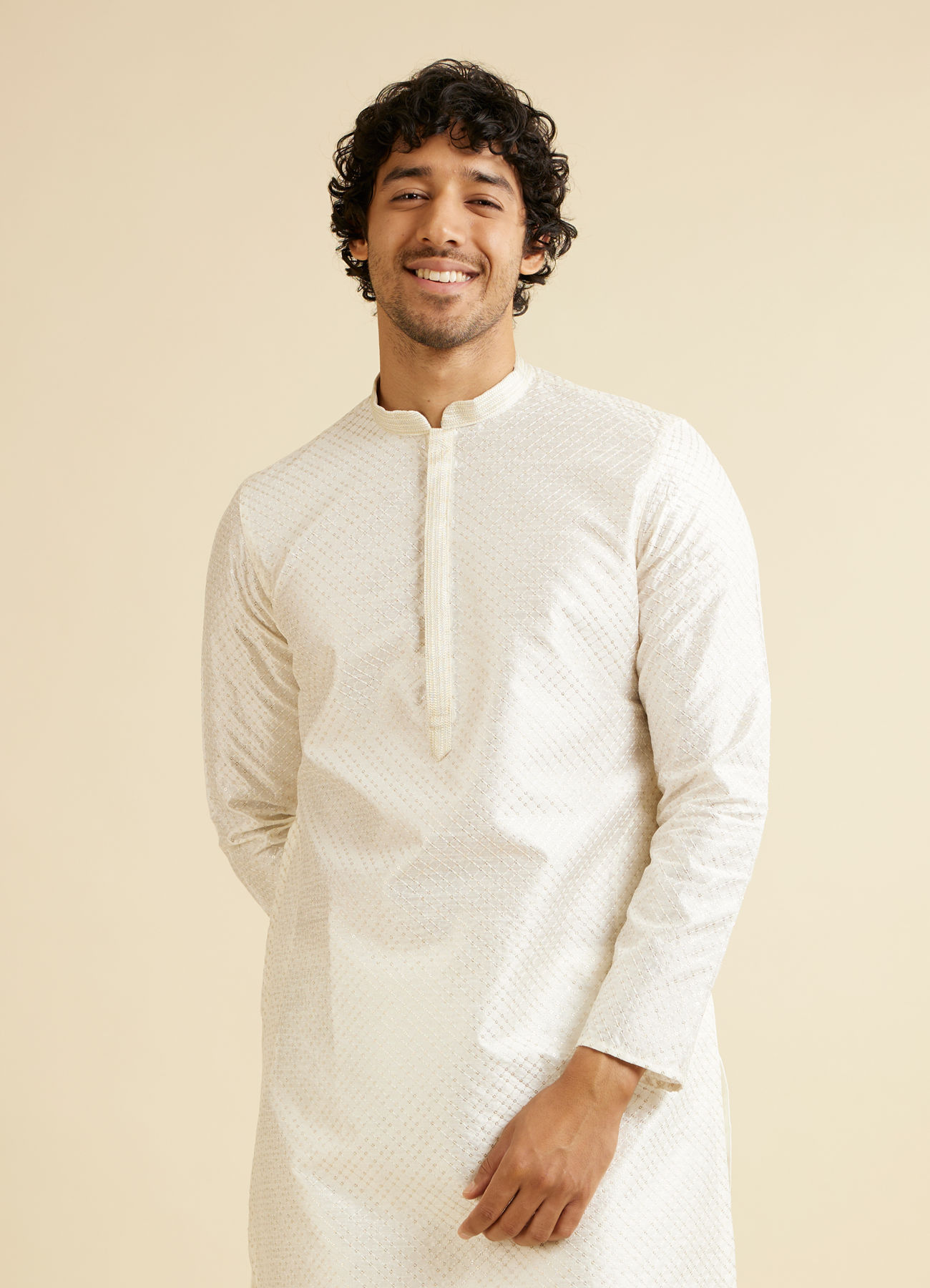 Manyavar Men Warm White Ditsy Patterned Kurta Set