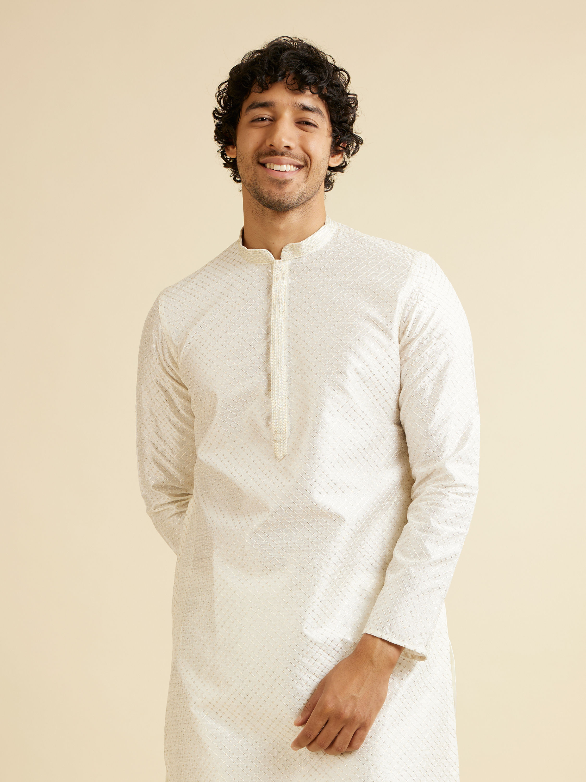 Manyavar Men Warm White Ditsy Patterned Kurta Set