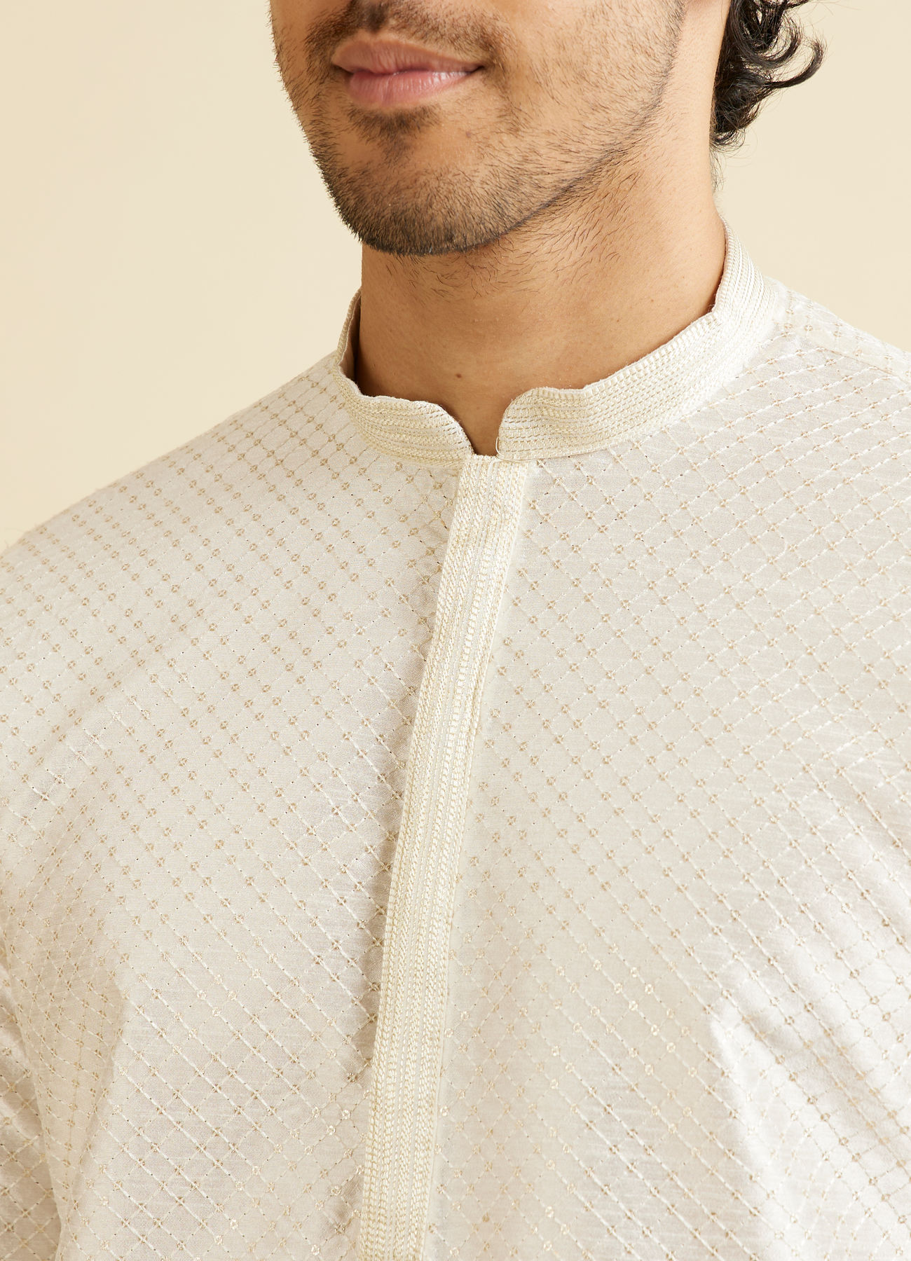 Manyavar Men Warm White Ditsy Patterned Kurta Set
