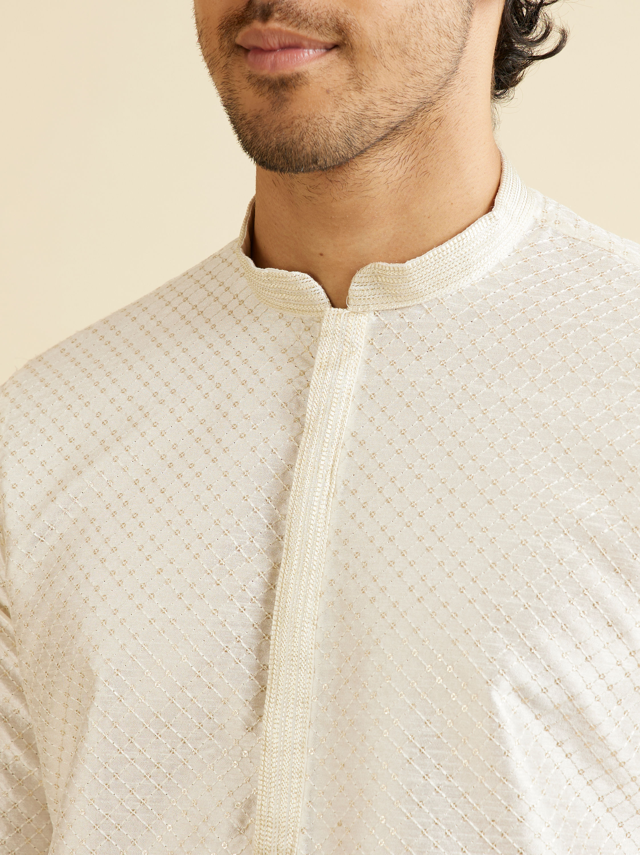 Manyavar Men Warm White Ditsy Patterned Kurta Set