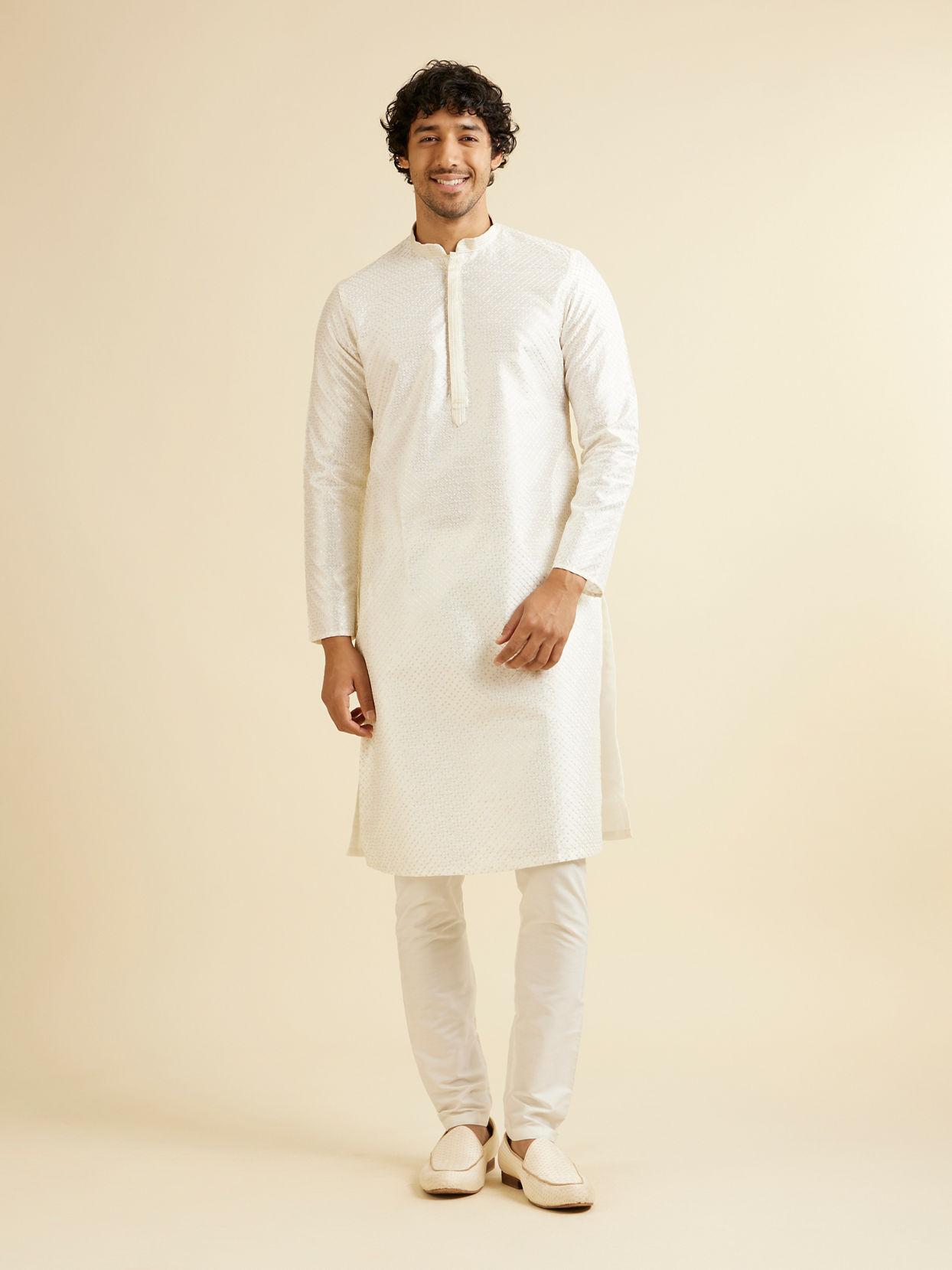 Manyavar Men Warm White Ditsy Patterned Kurta Set