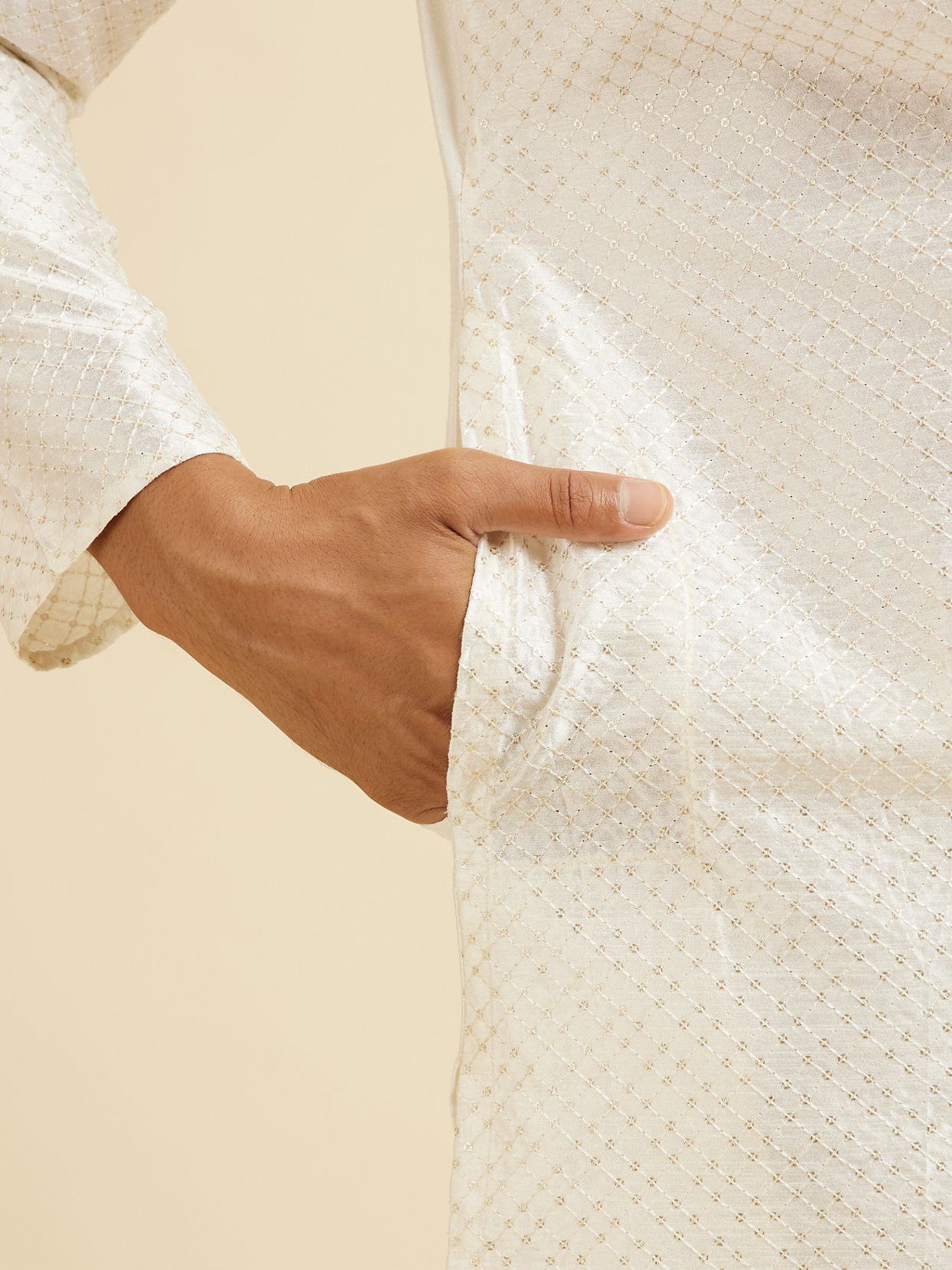 Manyavar Men Warm White Ditsy Patterned Kurta Set