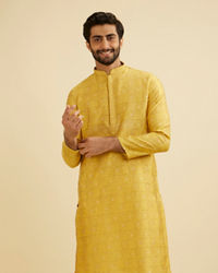 Manyavar Men Mustard Yellow Jaali Patterned Kurta Set with Shimmering Highlights