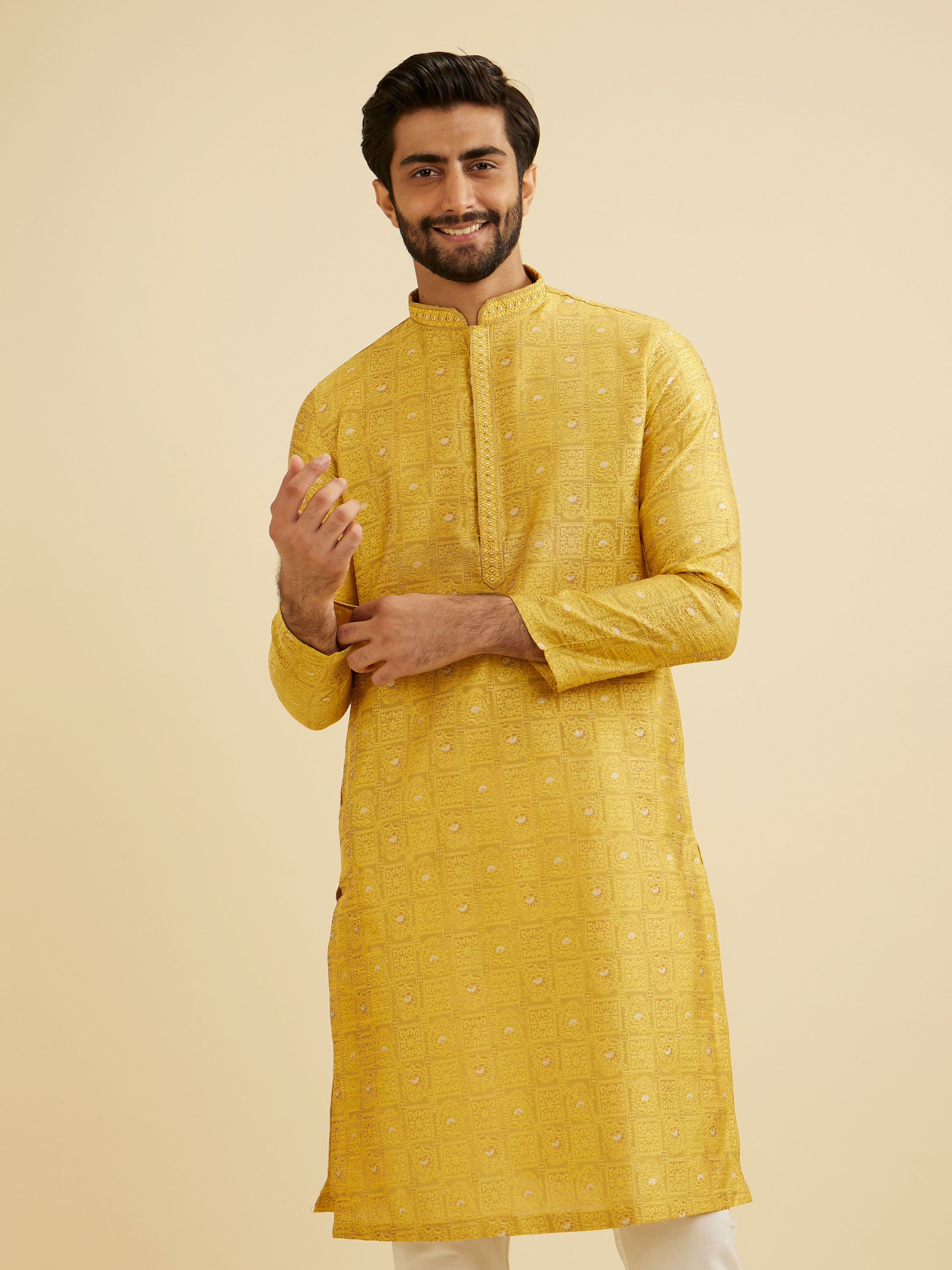 Manyavar Men Mustard Yellow Jaali Patterned Kurta Set with Shimmering Highlights