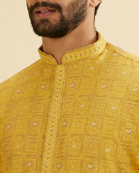 Manyavar Men Mustard Yellow Jaali Patterned Kurta Set with Shimmering Highlights