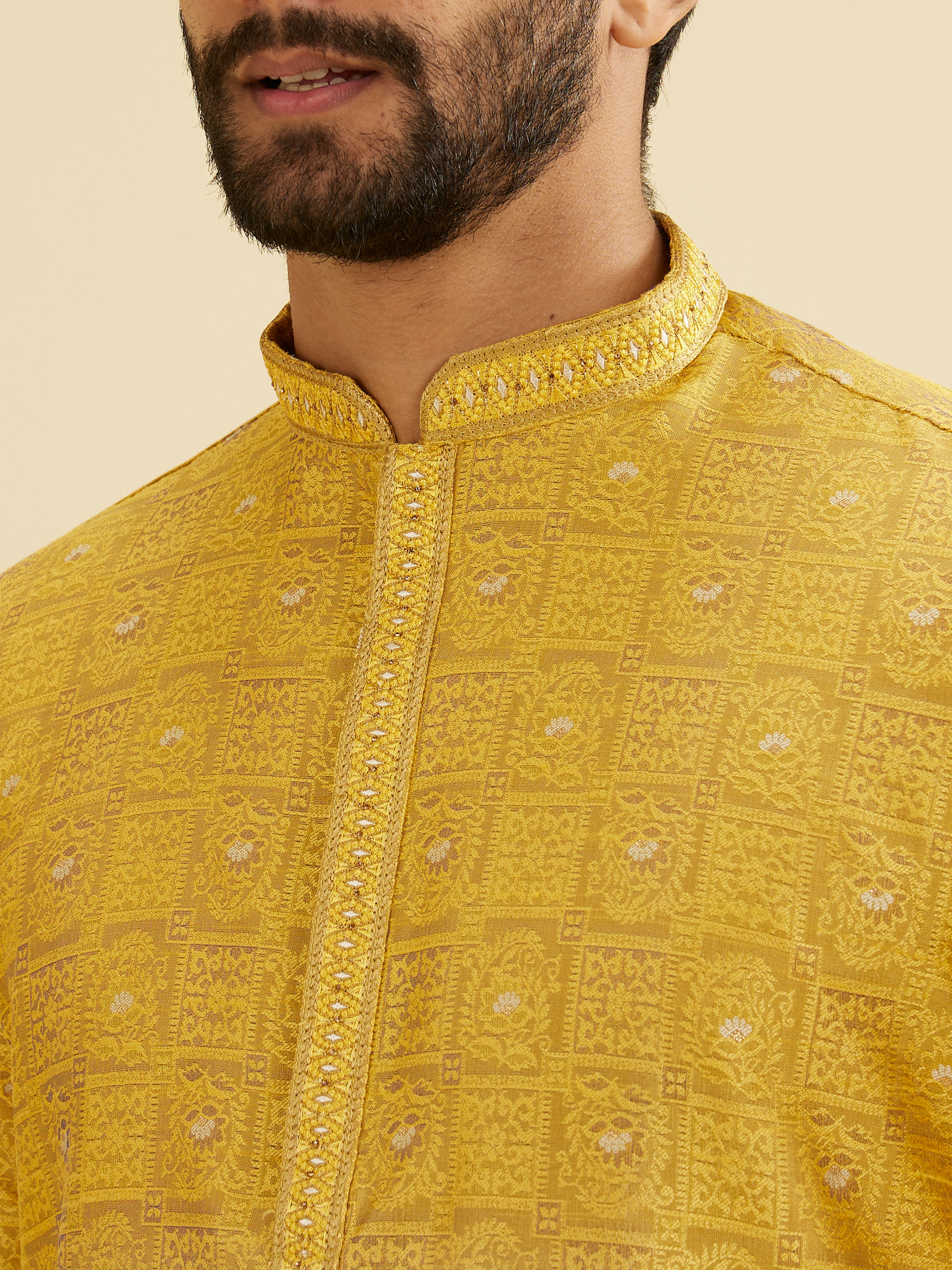 Manyavar Men Mustard Yellow Jaali Patterned Kurta Set with Shimmering Highlights