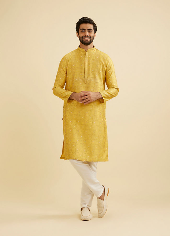 Manyavar Men Mustard Yellow Jaali Patterned Kurta Set with Shimmering Highlights