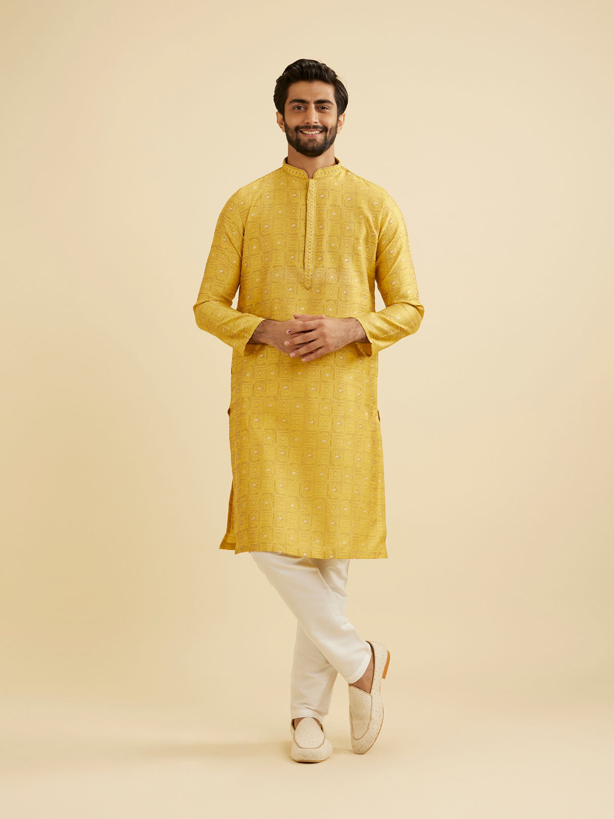 Manyavar Men Mustard Yellow Jaali Patterned Kurta Set with Shimmering Highlights