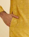 Manyavar Men Mustard Yellow Jaali Patterned Kurta Set with Shimmering Highlights