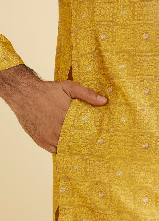 Manyavar Men Mustard Yellow Jaali Patterned Kurta Set with Shimmering Highlights
