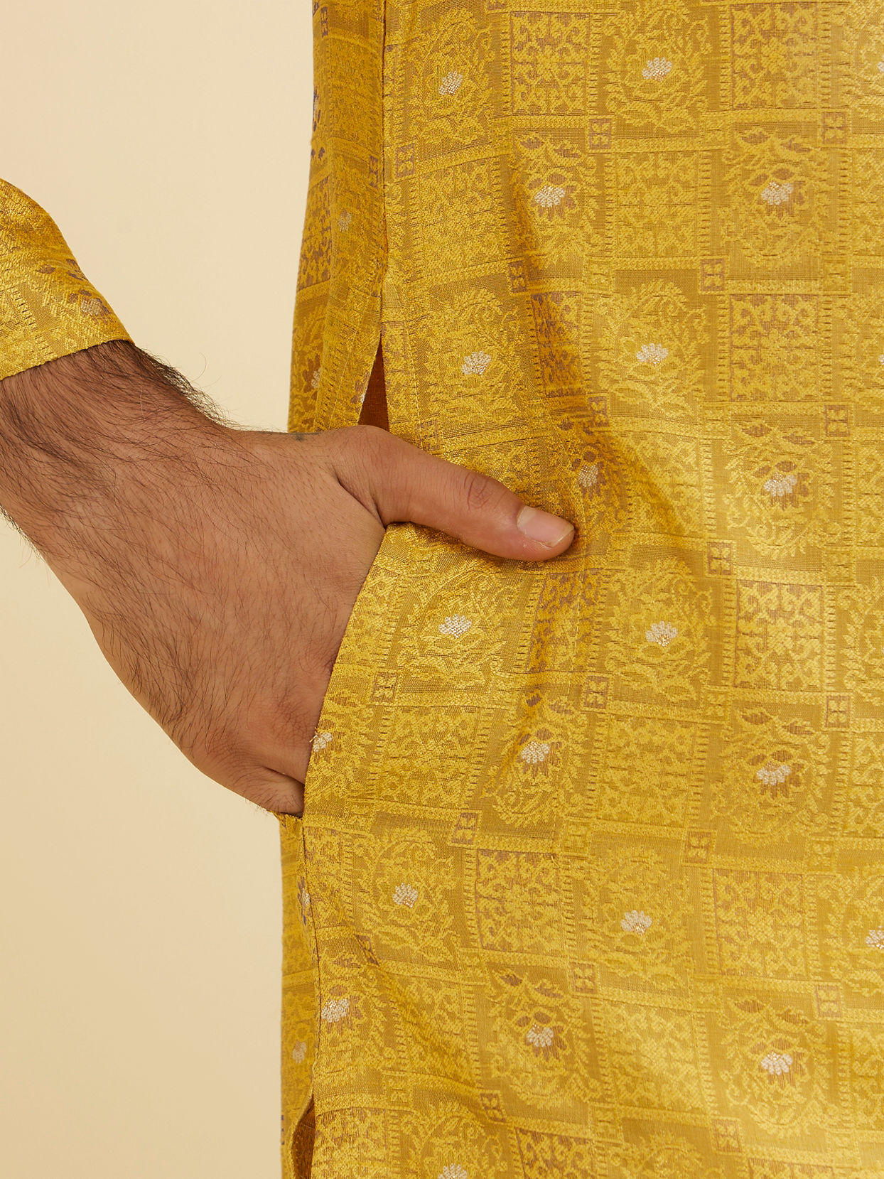 Manyavar Men Mustard Yellow Jaali Patterned Kurta Set with Shimmering Highlights