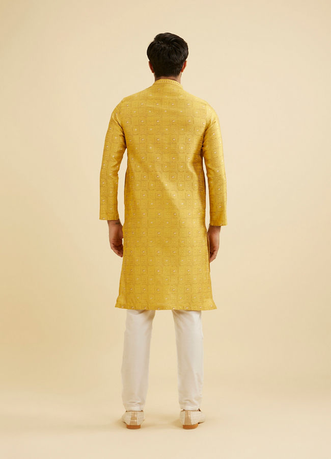 Manyavar Men Mustard Yellow Jaali Patterned Kurta Set with Shimmering Highlights