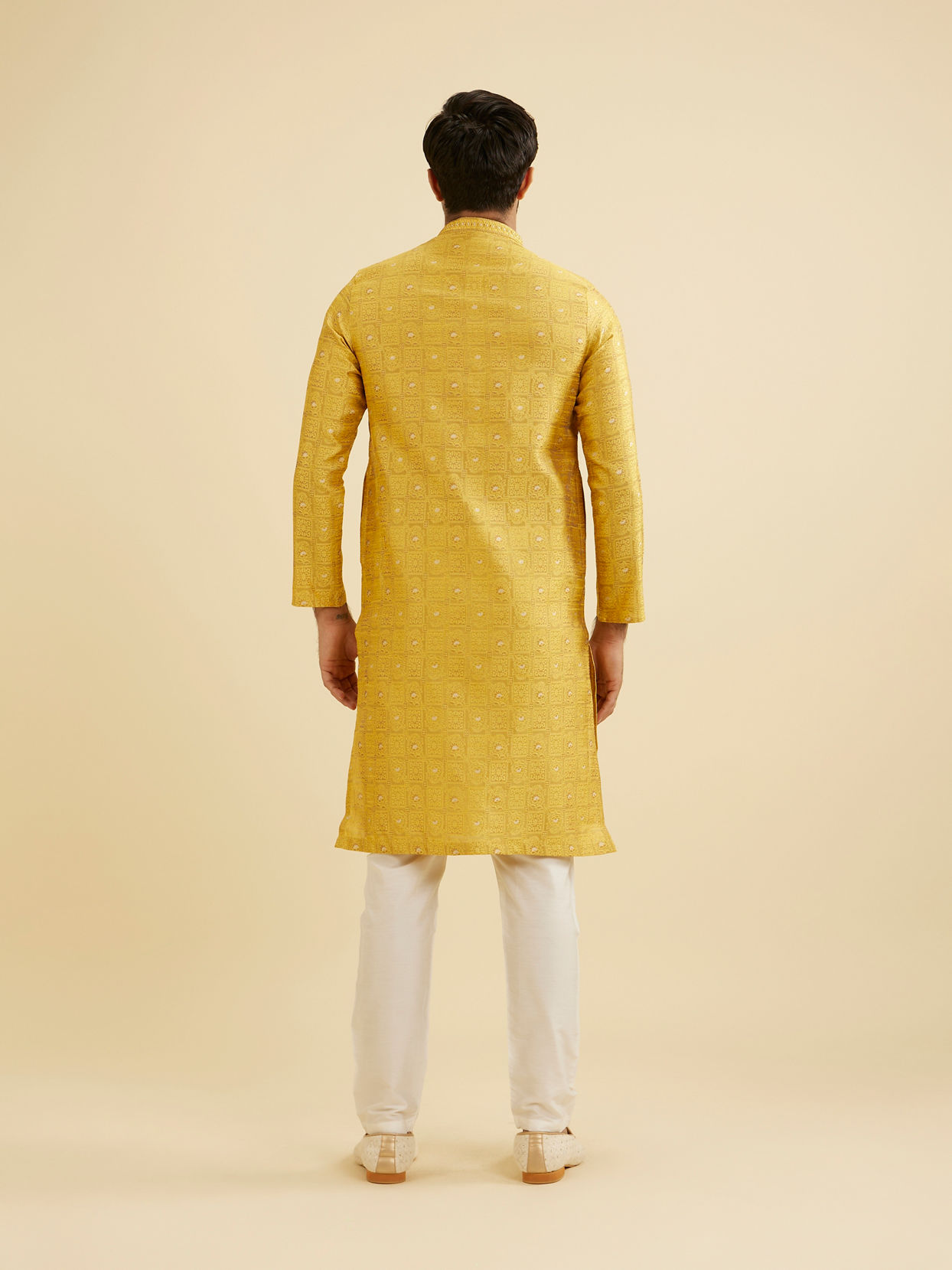 Manyavar Men Mustard Yellow Jaali Patterned Kurta Set with Shimmering Highlights