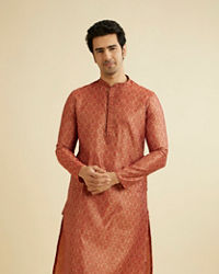 Manyavar Men Rust Red Trellis Patterned Kurta Set