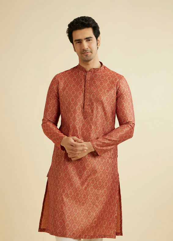 Manyavar Men Rust Red Trellis Patterned Kurta Set