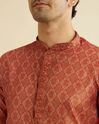 Manyavar Men Rust Red Trellis Patterned Kurta Set