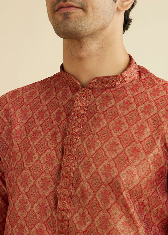 Manyavar Men Rust Red Trellis Patterned Kurta Set