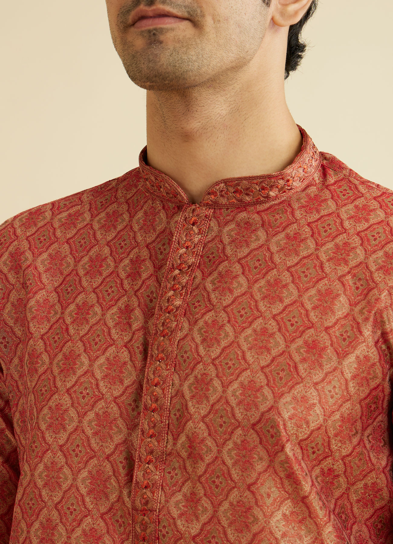 Manyavar Men Rust Red Trellis Patterned Kurta Set