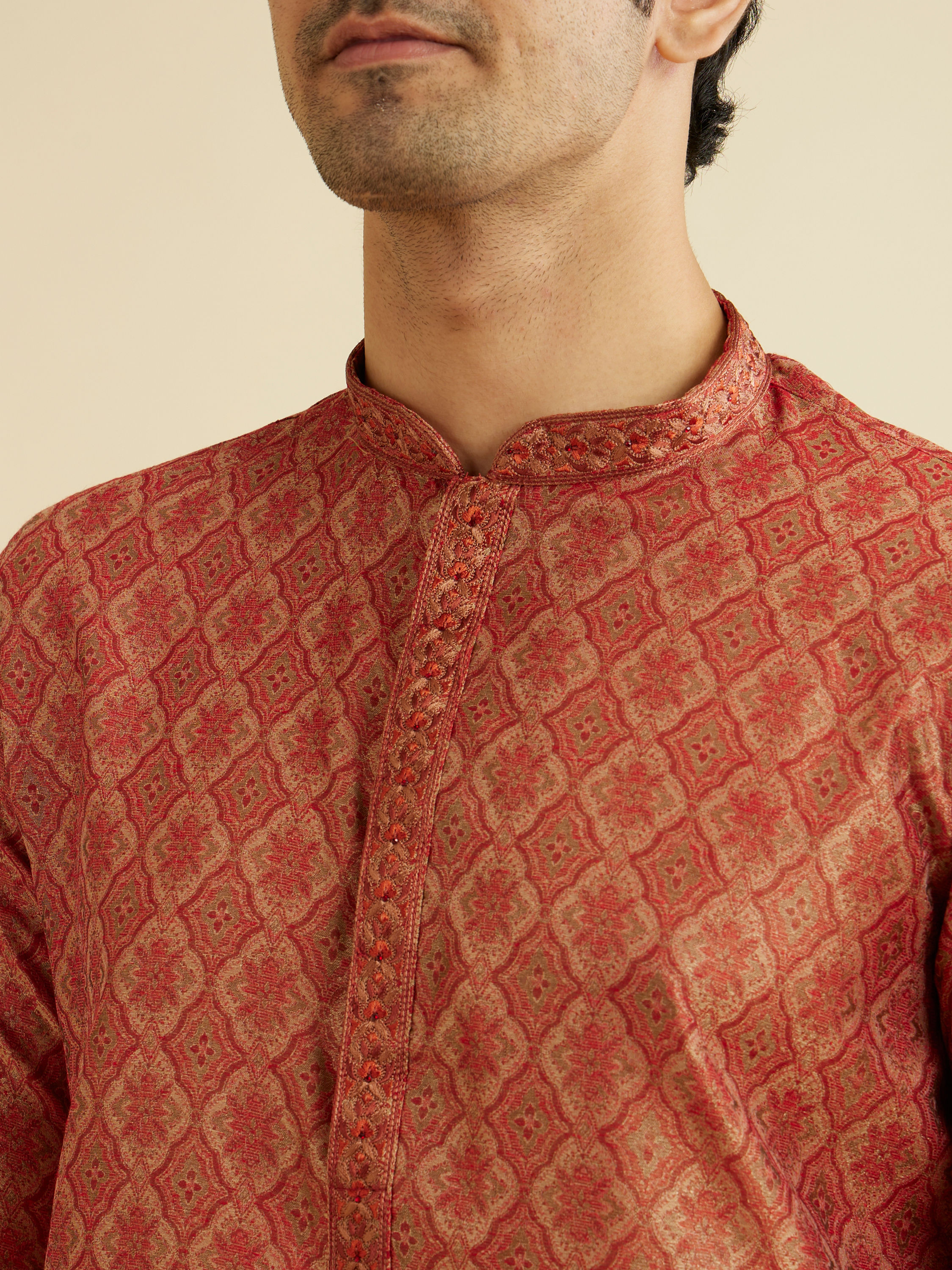 Manyavar Men Rust Red Trellis Patterned Kurta Set