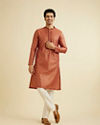 Manyavar Men Rust Red Trellis Patterned Kurta Set