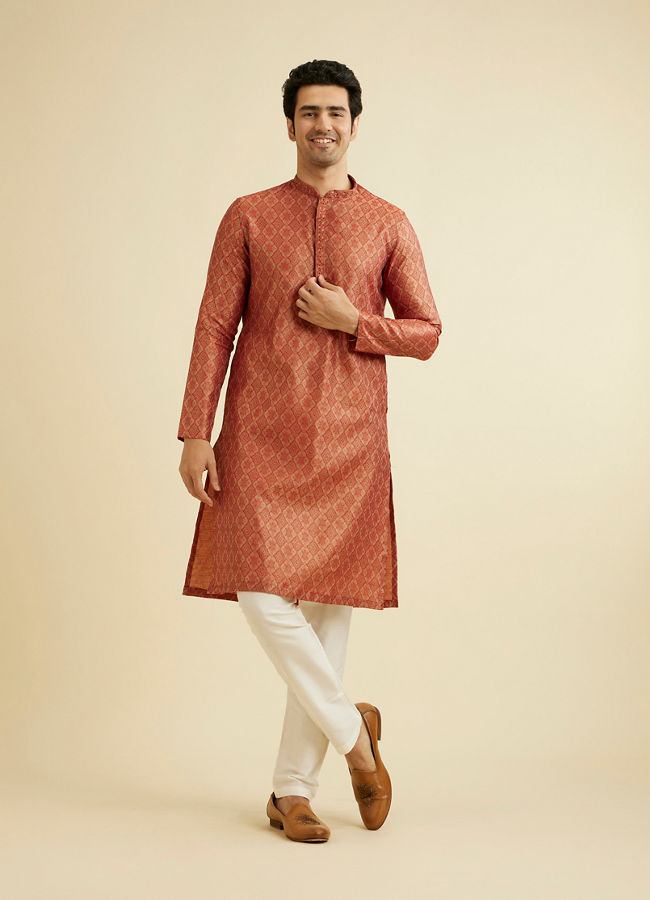 Manyavar Men Rust Red Trellis Patterned Kurta Set