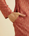 Manyavar Men Rust Red Trellis Patterned Kurta Set