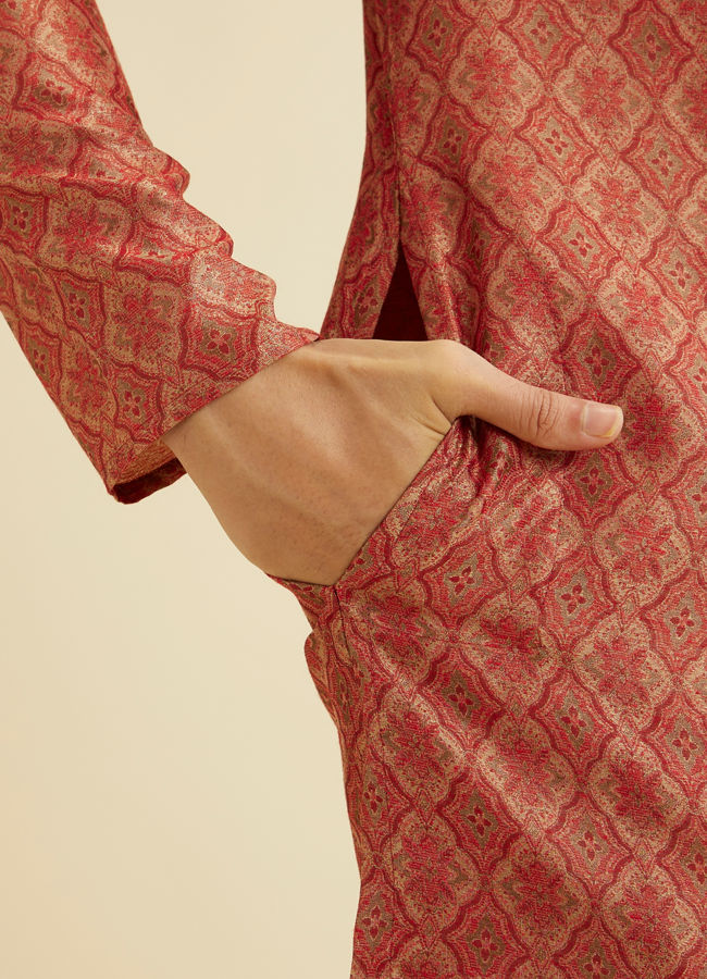 Manyavar Men Rust Red Trellis Patterned Kurta Set