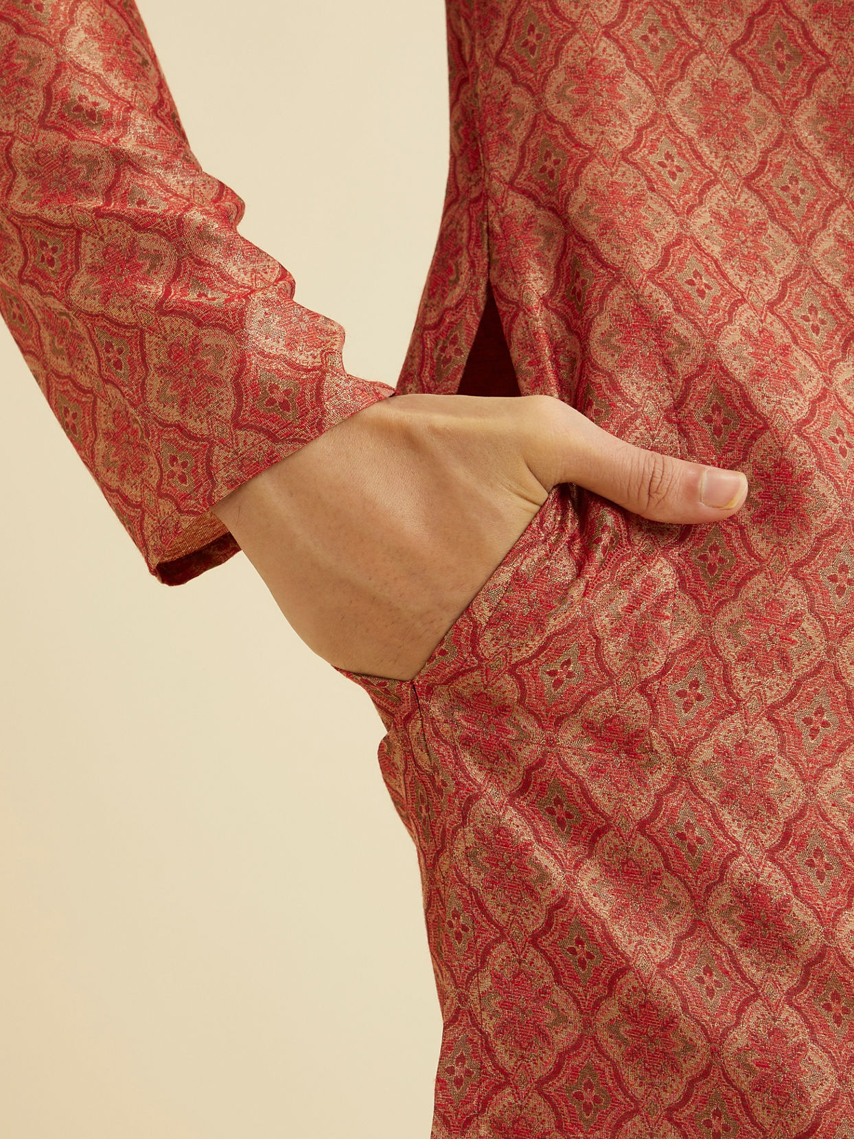 Manyavar Men Rust Red Trellis Patterned Kurta Set
