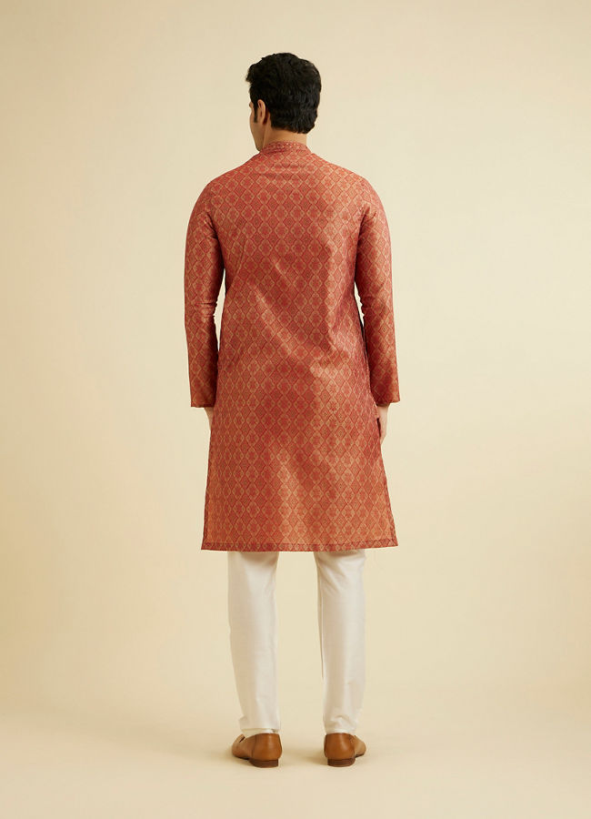 Manyavar Men Rust Red Trellis Patterned Kurta Set