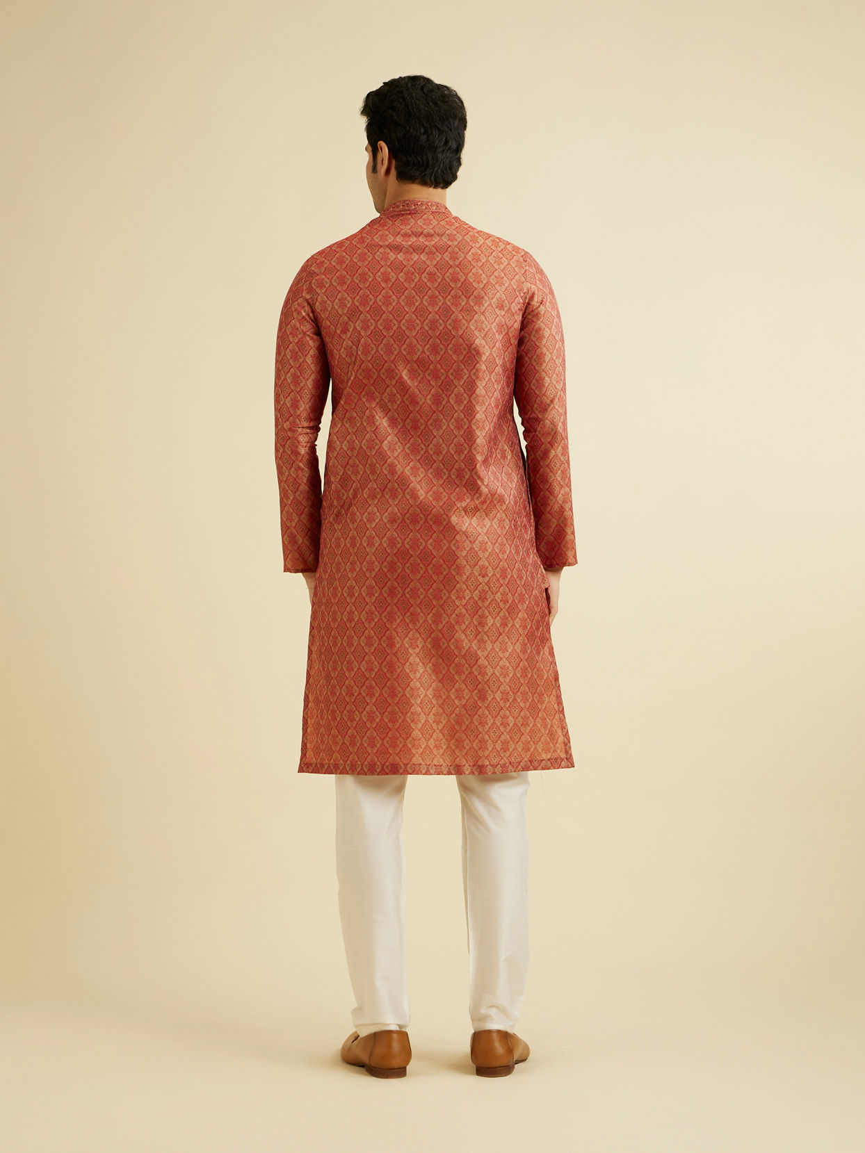 Manyavar Men Rust Red Trellis Patterned Kurta Set