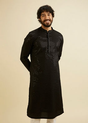 Manyavar Men Midnight Black Embroidered Kurta Set with Sequin Work image number 0