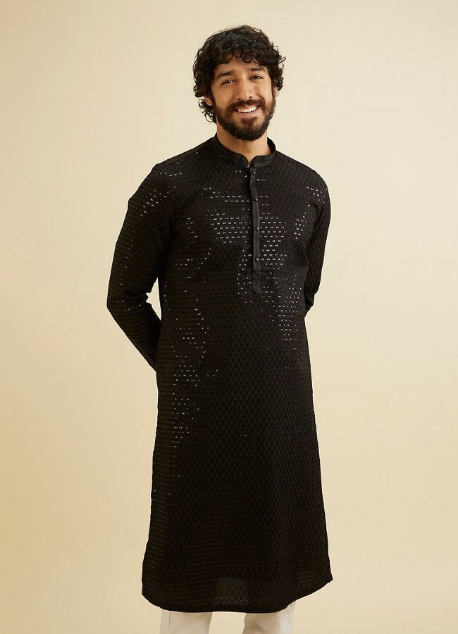 Manyavar Men Midnight Black Embroidered Kurta Set with Sequin Work image number 0